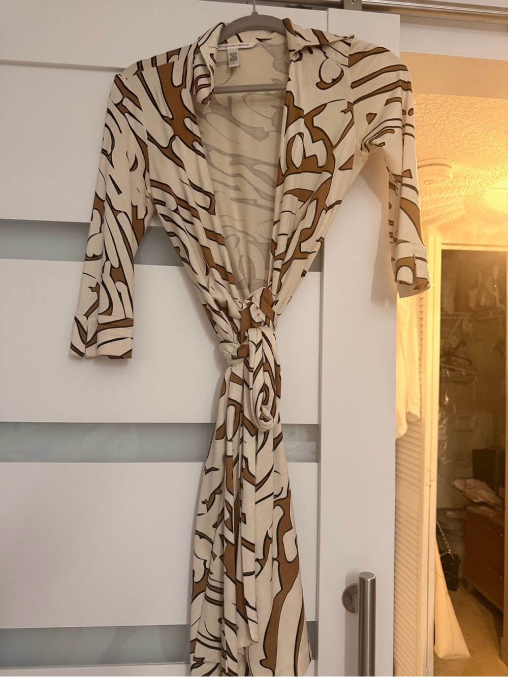 Diane Bo Cream and Brown Abstract Wrap Dress
